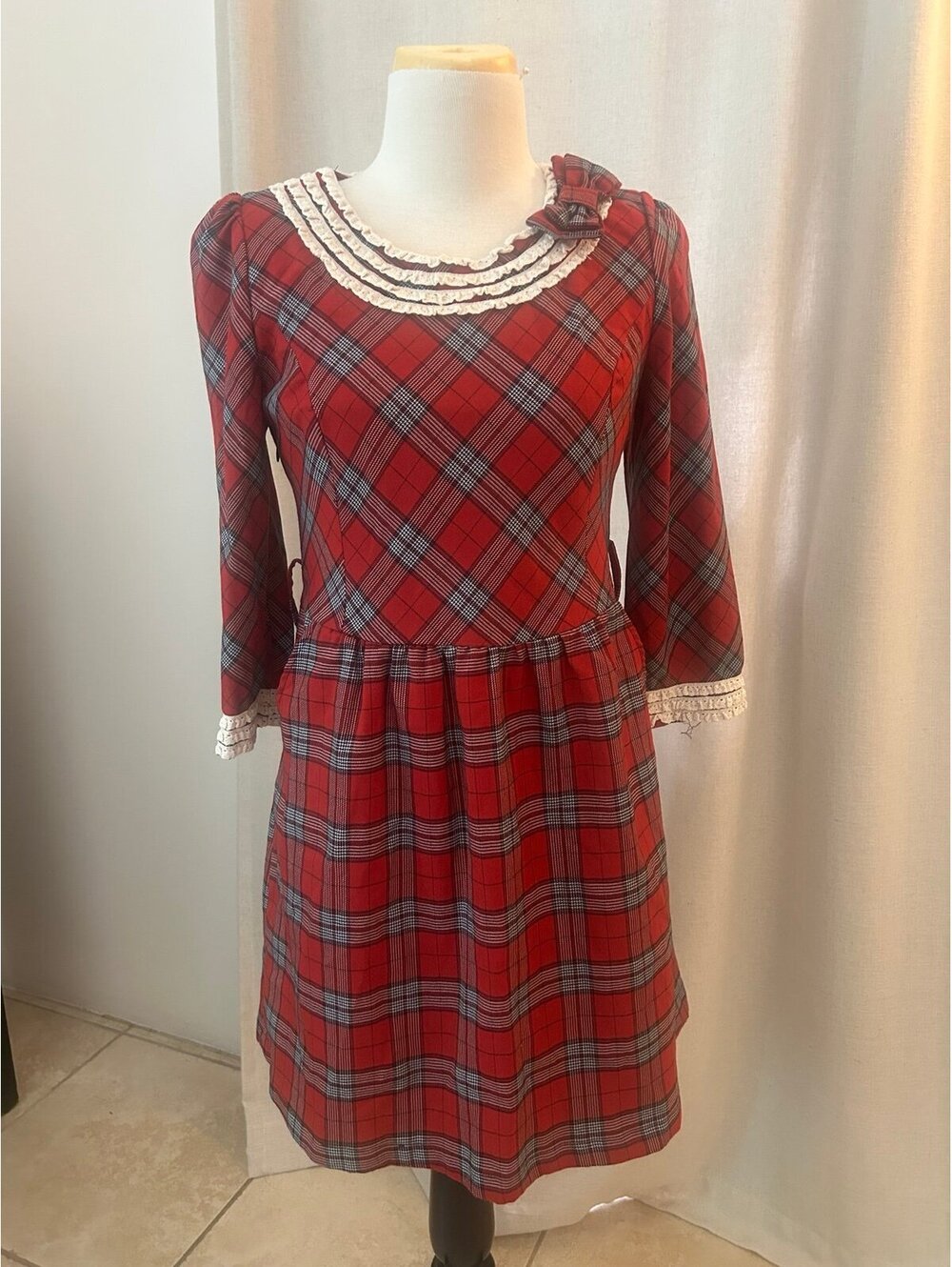 YTON.GJ Red Plaid Lace Trim Drop Waist Dress – Size XL